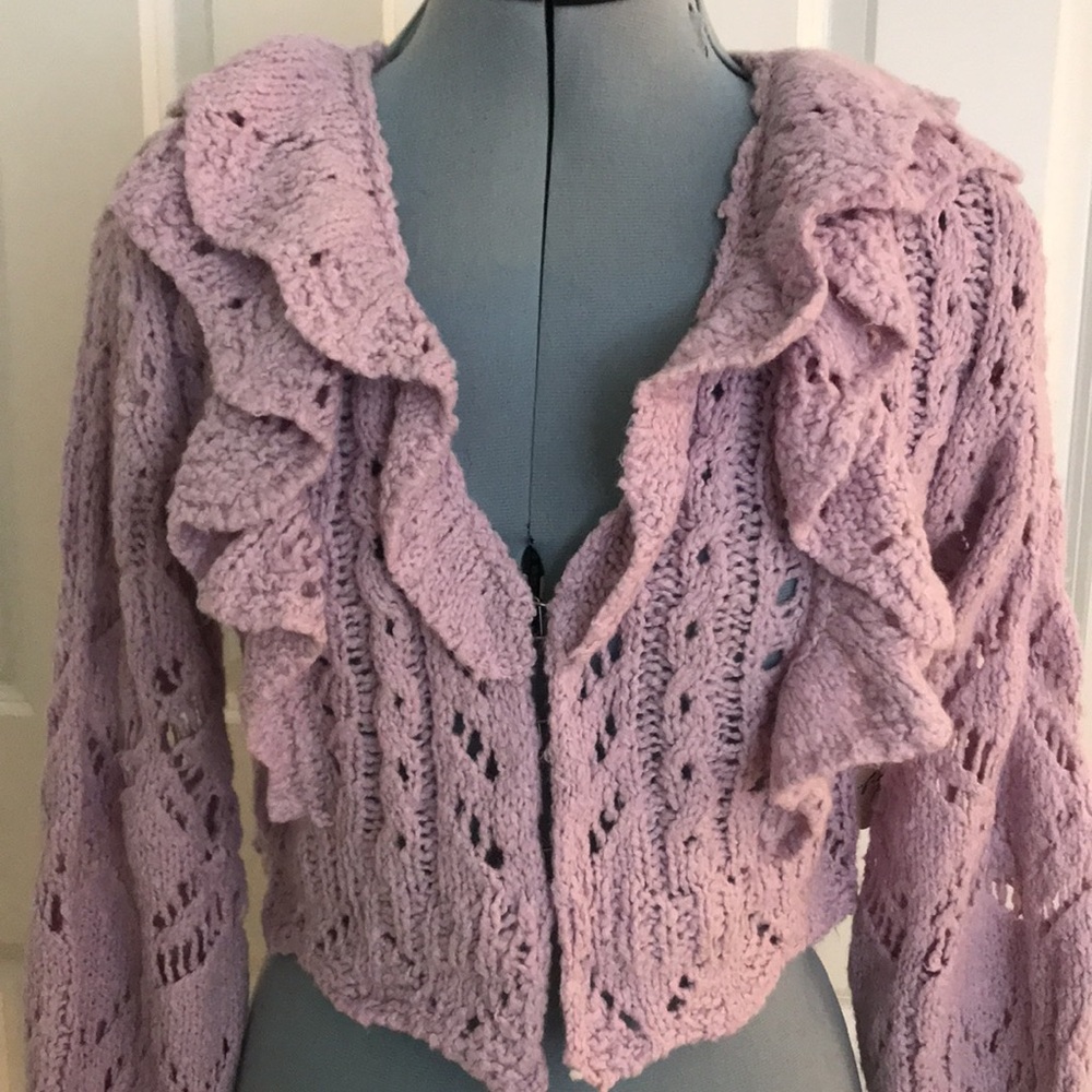 New Free People Lavender Orchid Dust Ruffled Knit Crochet Cardigan Sweater S